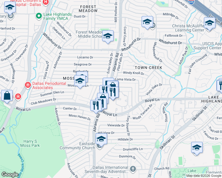 map of restaurants, bars, coffee shops, grocery stores, and more near 8520 Abrams Road in Dallas
