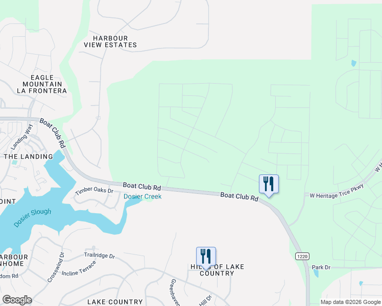 map of restaurants, bars, coffee shops, grocery stores, and more near 9203 Boat Club Road in Fort Worth