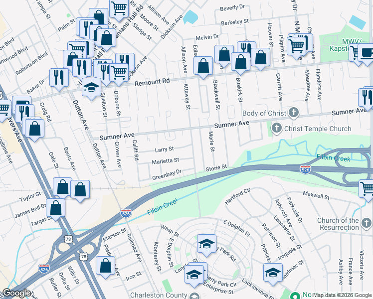map of restaurants, bars, coffee shops, grocery stores, and more near 1509 Marietta Street in North Charleston