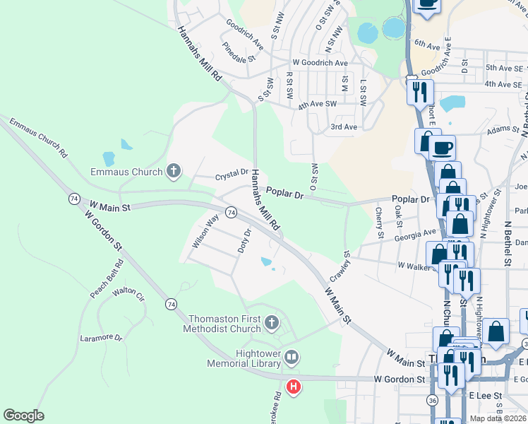 map of restaurants, bars, coffee shops, grocery stores, and more near 90 Doty Drive in Thomaston