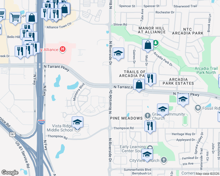 map of restaurants, bars, coffee shops, grocery stores, and more near 8205 Old Denton Road in Fort Worth