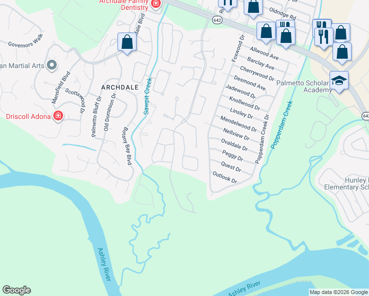 map of restaurants, bars, coffee shops, grocery stores, and more near 7835 Montview Road in North Charleston