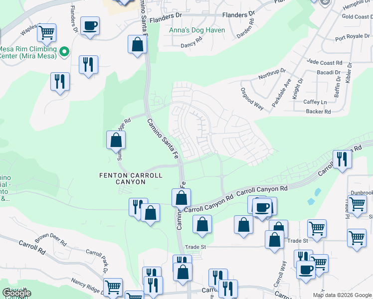map of restaurants, bars, coffee shops, grocery stores, and more near 7952 Belluno Way in San Diego
