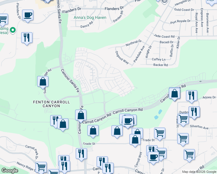 map of restaurants, bars, coffee shops, grocery stores, and more near 10635 Melogold Way in San Diego