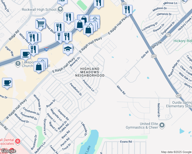 map of restaurants, bars, coffee shops, grocery stores, and more near 3032 Winecup Lane in Rockwall