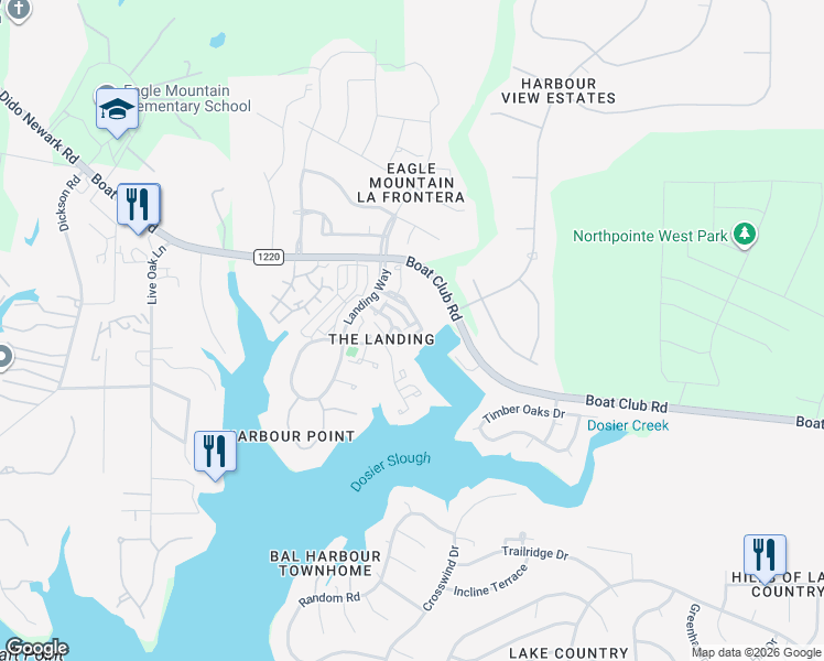 map of restaurants, bars, coffee shops, grocery stores, and more near 8104 Lea Shore Street in Fort Worth