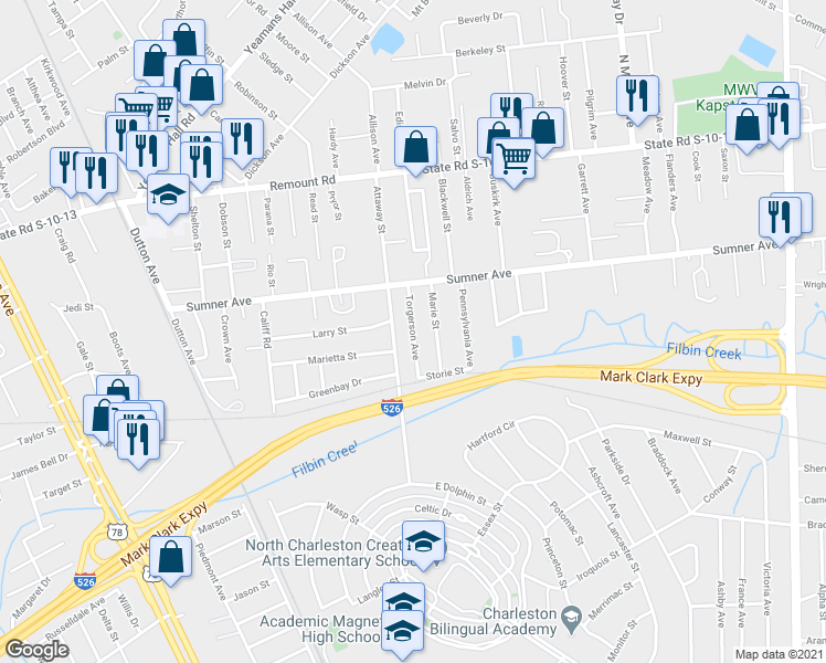 map of restaurants, bars, coffee shops, grocery stores, and more near Torgerson Avenue in North Charleston