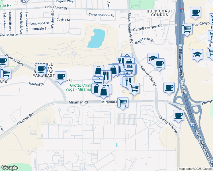 map of restaurants, bars, coffee shops, grocery stores, and more near 9265 Activity Road in San Diego