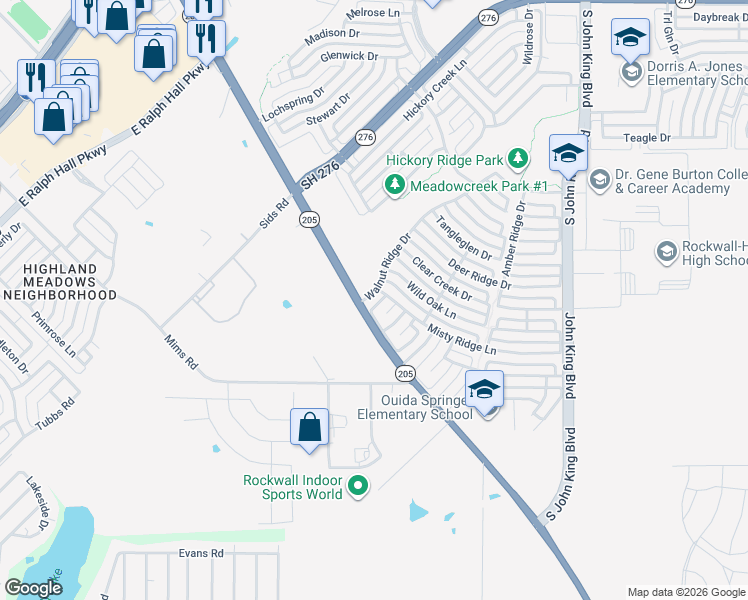 map of restaurants, bars, coffee shops, grocery stores, and more near 1507 Walnut Ridge Drive in Rockwall