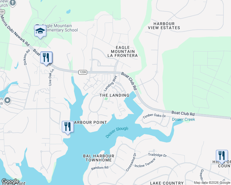 map of restaurants, bars, coffee shops, grocery stores, and more near 9653 Lea Shore Street in Fort Worth