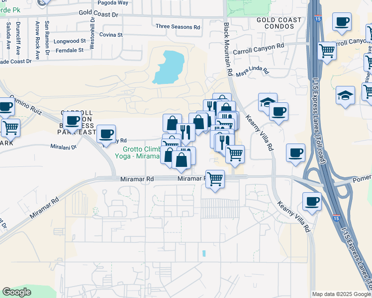 map of restaurants, bars, coffee shops, grocery stores, and more near 9265 Activity Road in San Diego
