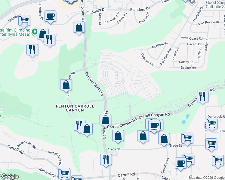 map of restaurants, bars, coffee shops, grocery stores, and more near 10505 Derella Way in San Diego