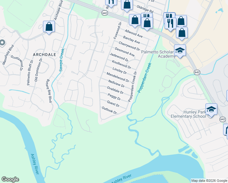map of restaurants, bars, coffee shops, grocery stores, and more near 7715 Nellview Drive in North Charleston