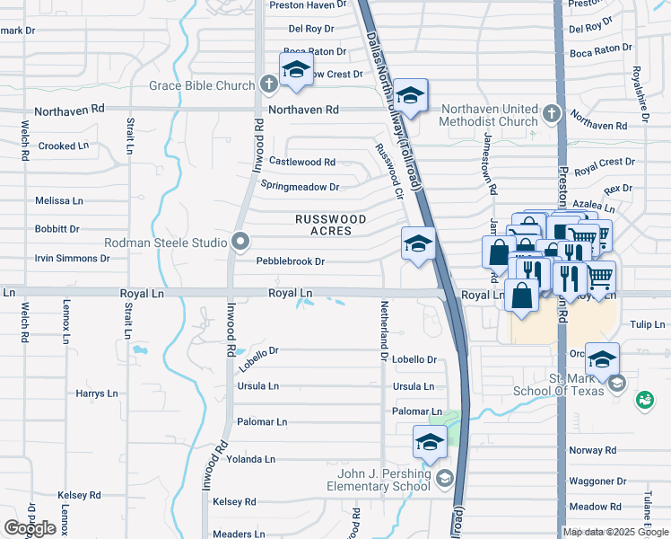 map of restaurants, bars, coffee shops, grocery stores, and more near 5411 Pebblebrook Drive in Dallas