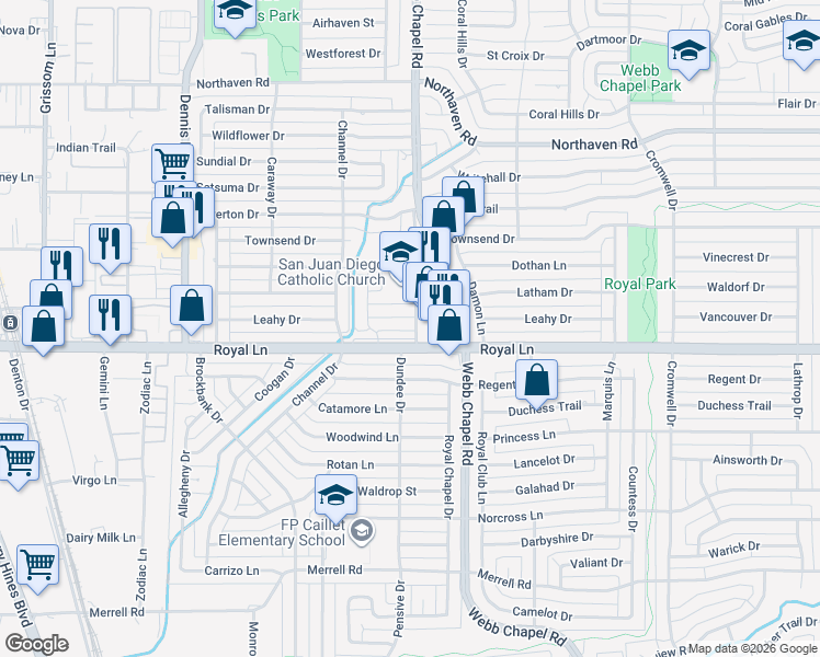 map of restaurants, bars, coffee shops, grocery stores, and more near 3129 Royal Gable Drive in Dallas