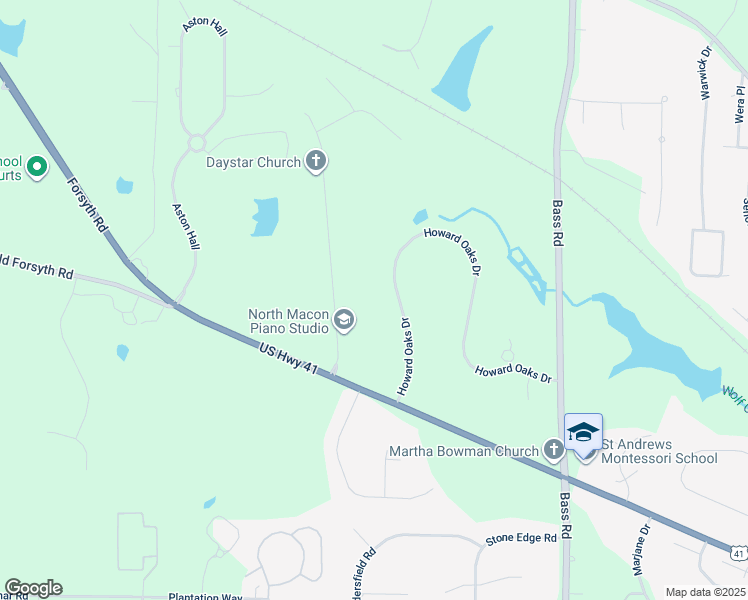 map of restaurants, bars, coffee shops, grocery stores, and more near 114 Howard Oaks Drive in Macon