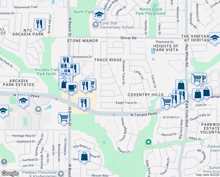 map of restaurants, bars, coffee shops, grocery stores, and more near 4721 Olympia Trace Circle in Fort Worth