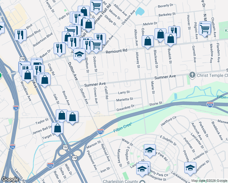 map of restaurants, bars, coffee shops, grocery stores, and more near 1645 Sumner Avenue in North Charleston
