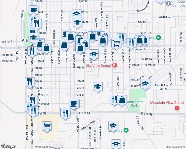 map of restaurants, bars, coffee shops, grocery stores, and more near 604 Alta Vista Drive in Alamogordo