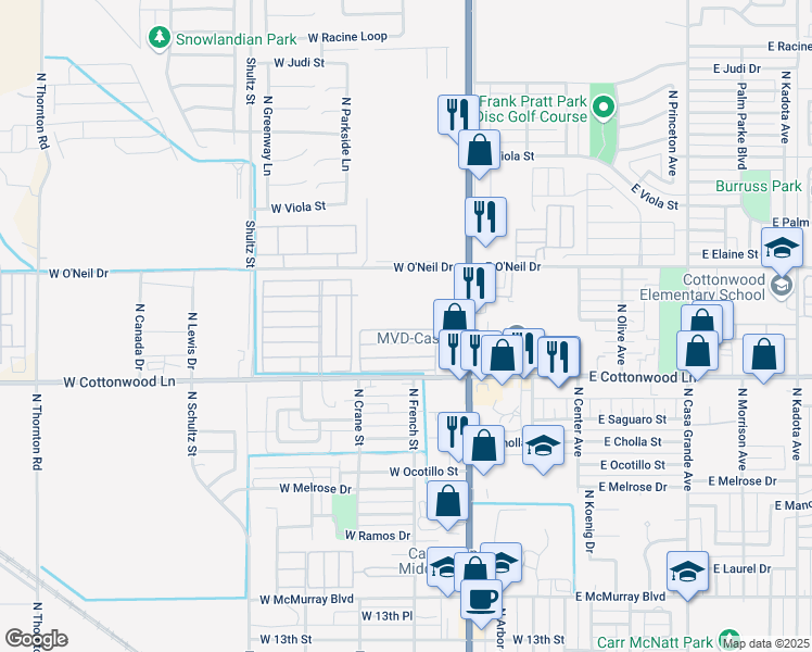 map of restaurants, bars, coffee shops, grocery stores, and more near 426 West Cottonwood Lane in Casa Grande