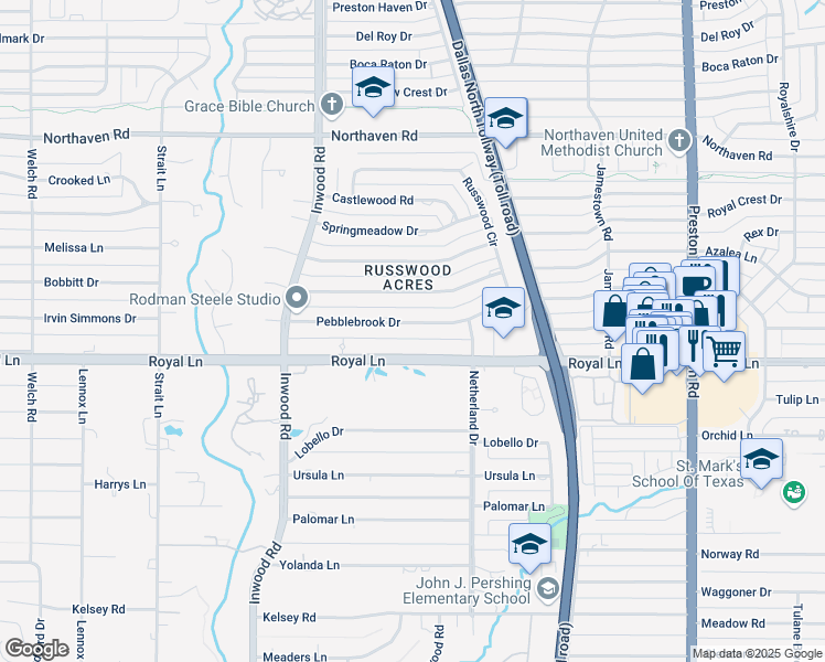 map of restaurants, bars, coffee shops, grocery stores, and more near 5411 Pebblebrook Drive in Dallas