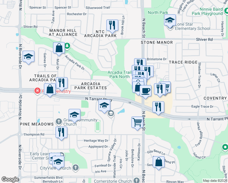 map of restaurants, bars, coffee shops, grocery stores, and more near 4271 Cave Cove Court in Fort Worth