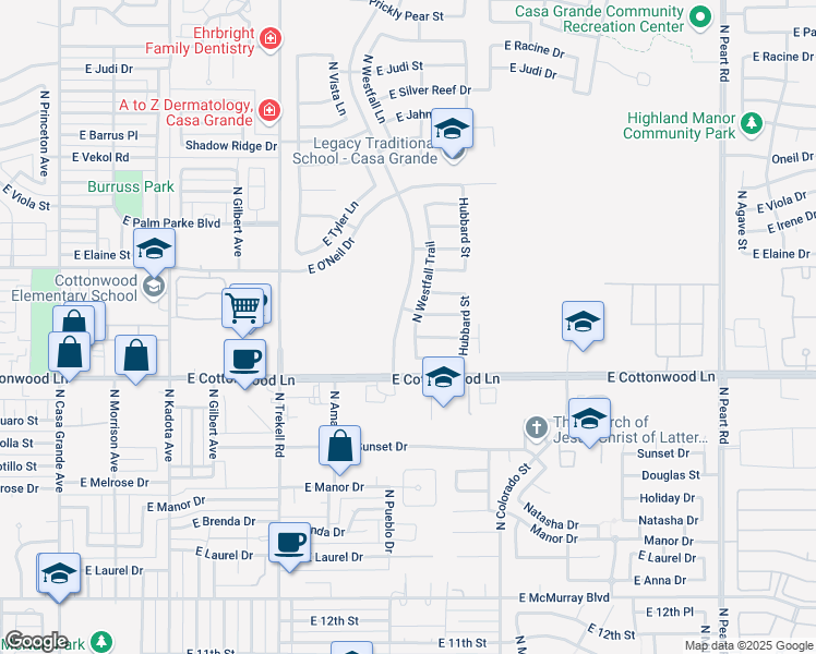 map of restaurants, bars, coffee shops, grocery stores, and more near 1667 North Westfall Trail in Casa Grande