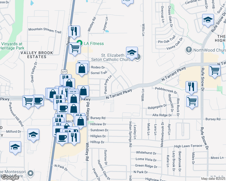 map of restaurants, bars, coffee shops, grocery stores, and more near 2093 Bronco Lane in Keller