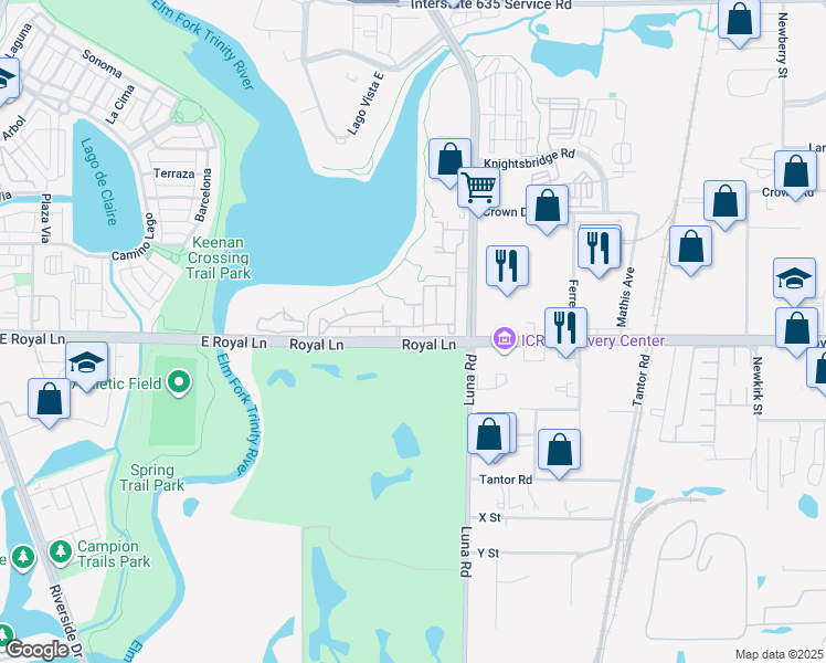 map of restaurants, bars, coffee shops, grocery stores, and more near 1701 Royal Lane in Dallas