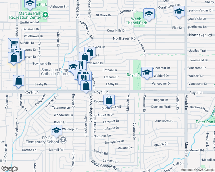 map of restaurants, bars, coffee shops, grocery stores, and more near 3233 Leahy Drive in Dallas