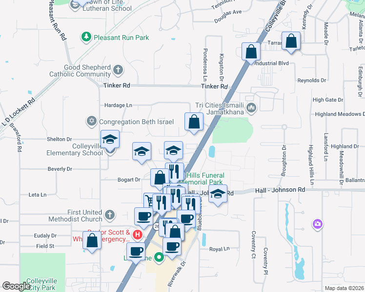 map of restaurants, bars, coffee shops, grocery stores, and more near 6009 Milan Court in Colleyville