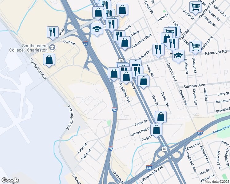 map of restaurants, bars, coffee shops, grocery stores, and more near 2139 North Boland Circle in North Charleston