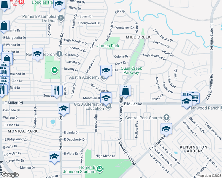 map of restaurants, bars, coffee shops, grocery stores, and more near 1210 Beverly Drive in Garland