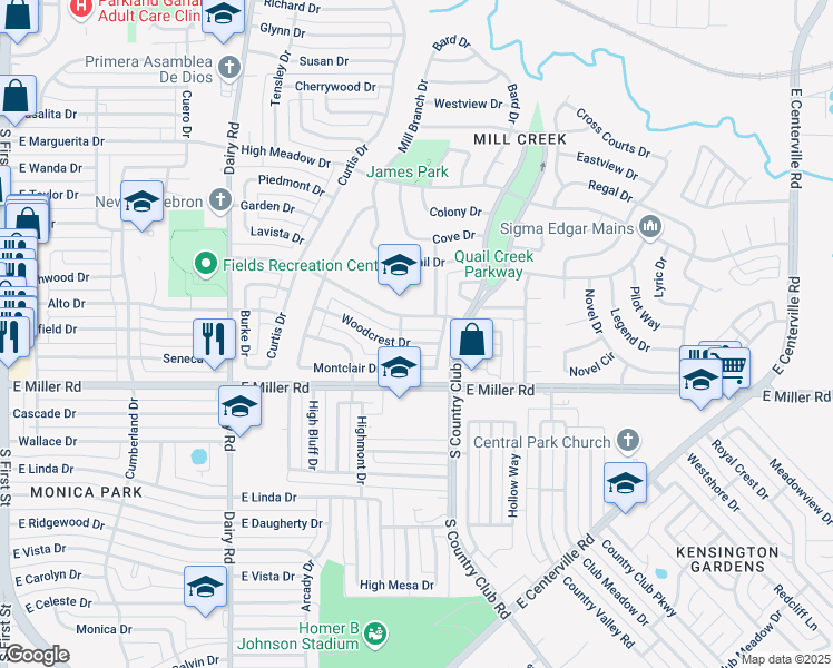 map of restaurants, bars, coffee shops, grocery stores, and more near 1210 Beverly Drive in Garland