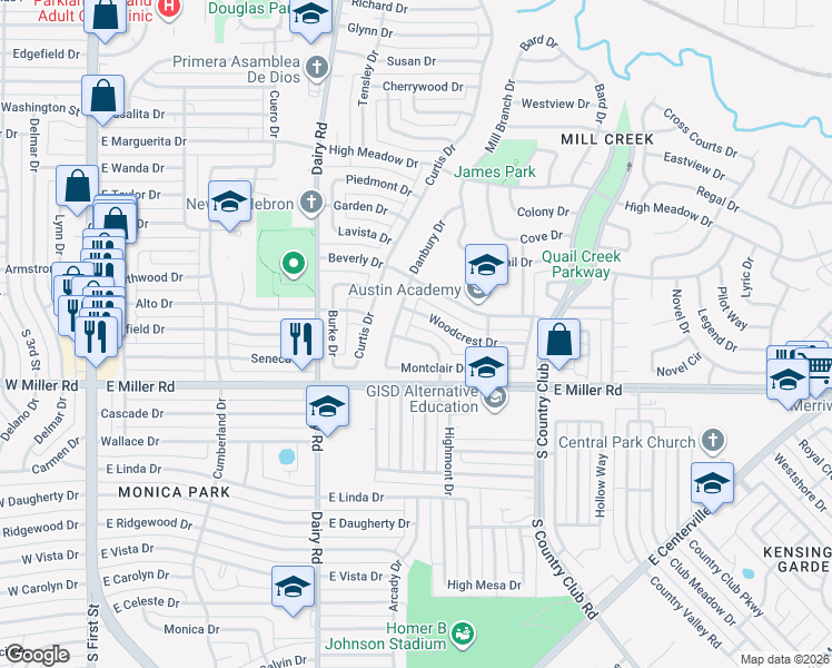 map of restaurants, bars, coffee shops, grocery stores, and more near 1009 Woodcrest Drive in Garland