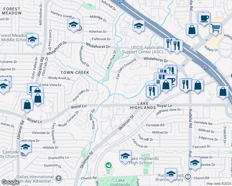 map of restaurants, bars, coffee shops, grocery stores, and more near 8307 Coppertowne Court in Dallas