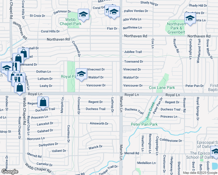 map of restaurants, bars, coffee shops, grocery stores, and more near 3629 Vancouver Drive in Dallas