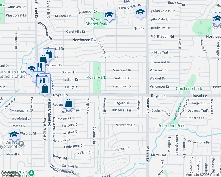 map of restaurants, bars, coffee shops, grocery stores, and more near 3527 Vancouver Drive in Dallas