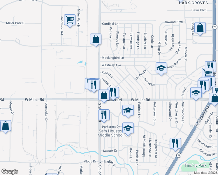 map of restaurants, bars, coffee shops, grocery stores, and more near 1706 Patton Drive in Garland