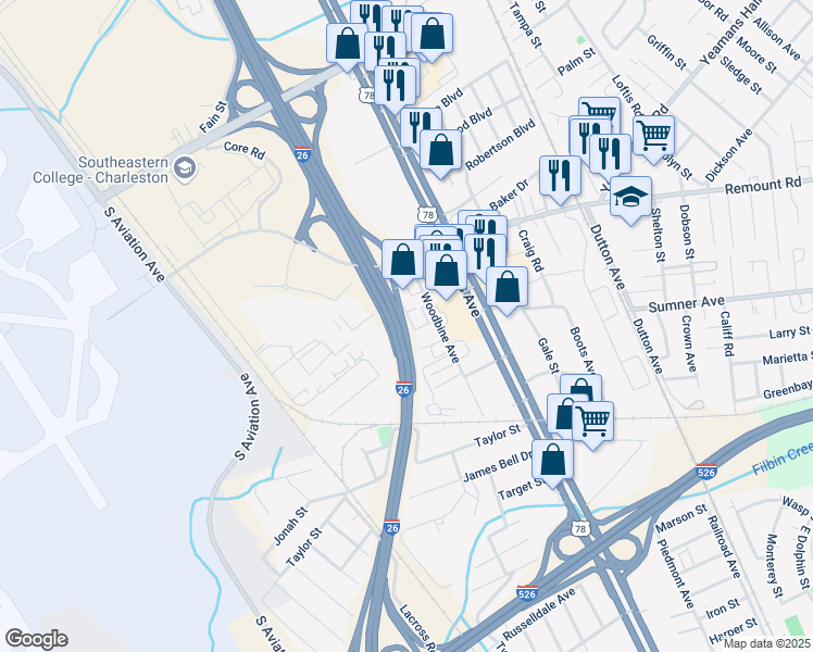 map of restaurants, bars, coffee shops, grocery stores, and more near 2139 North Boland Circle in North Charleston