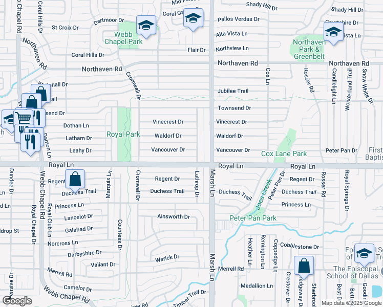 map of restaurants, bars, coffee shops, grocery stores, and more near 3629 Vancouver Drive in Dallas
