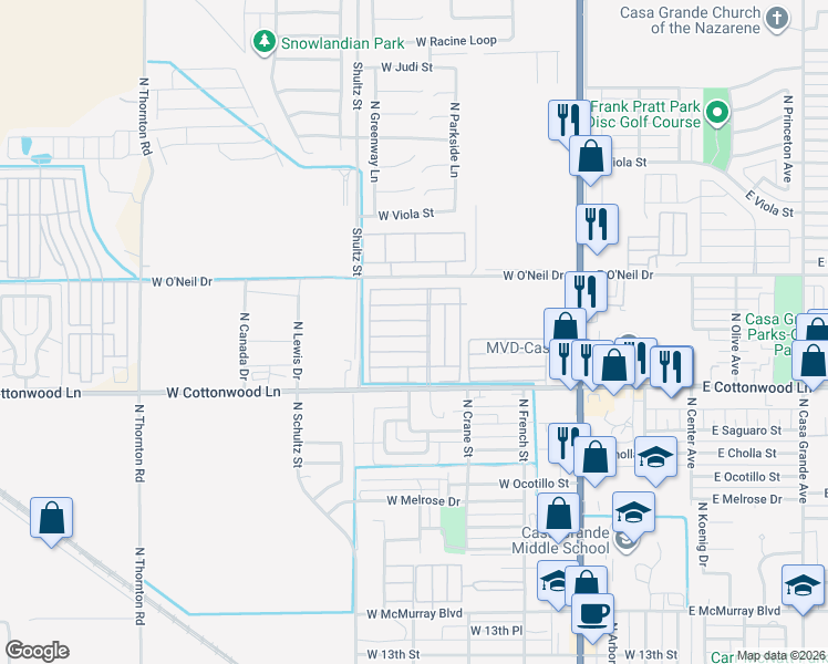 map of restaurants, bars, coffee shops, grocery stores, and more near 450 West Sunwest Drive in Casa Grande