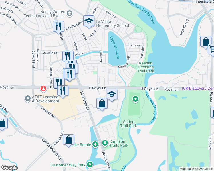 map of restaurants, bars, coffee shops, grocery stores, and more near 625 East Royal Lane in Irving