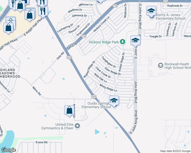 map of restaurants, bars, coffee shops, grocery stores, and more near 2839 Clear Creek Drive in Rockwall