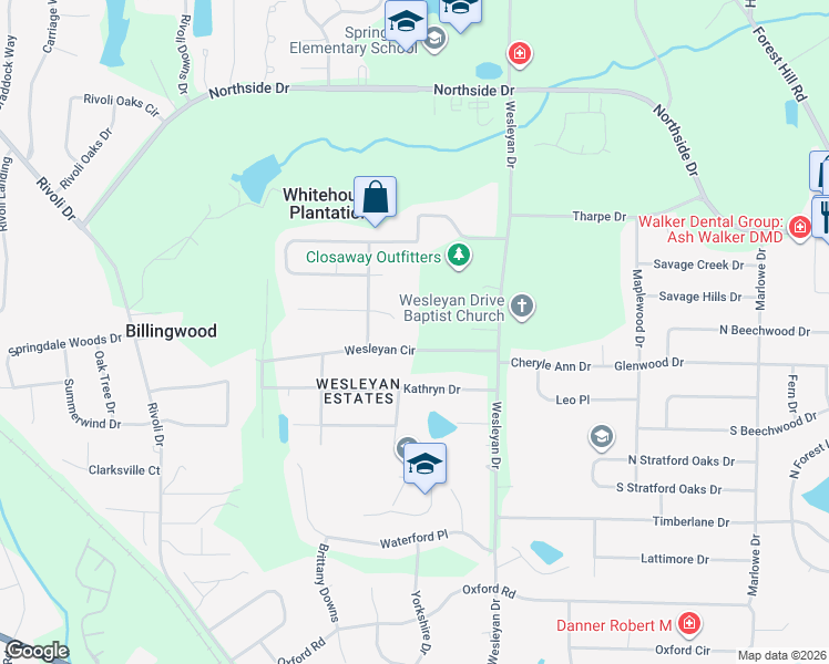 map of restaurants, bars, coffee shops, grocery stores, and more near 5070 Smoke Rise Drive in Macon