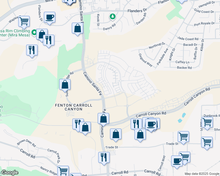 map of restaurants, bars, coffee shops, grocery stores, and more near 10423 Adamson Way in San Diego