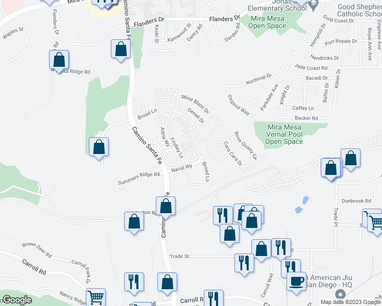 map of restaurants, bars, coffee shops, grocery stores, and more near 10431 Newbliss Way in San Diego