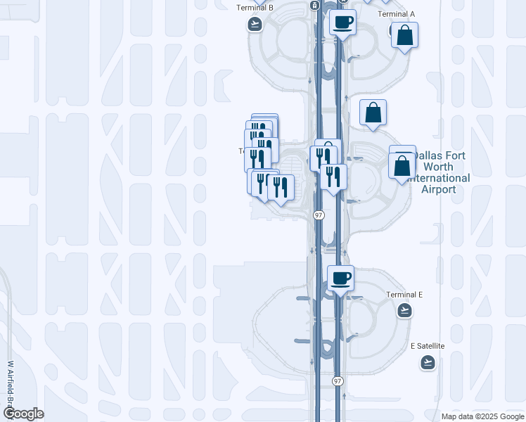 map of restaurants, bars, coffee shops, grocery stores, and more near 2333 South International Parkway in Dallas