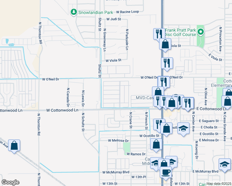 map of restaurants, bars, coffee shops, grocery stores, and more near 450 West Sunwest Drive in Casa Grande