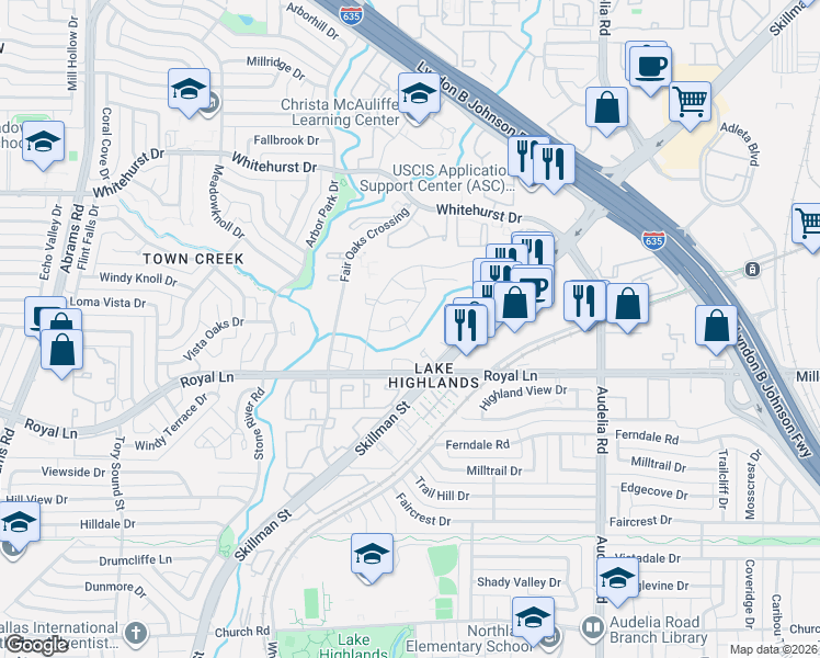 map of restaurants, bars, coffee shops, grocery stores, and more near 8427 Barnaby Street in Dallas
